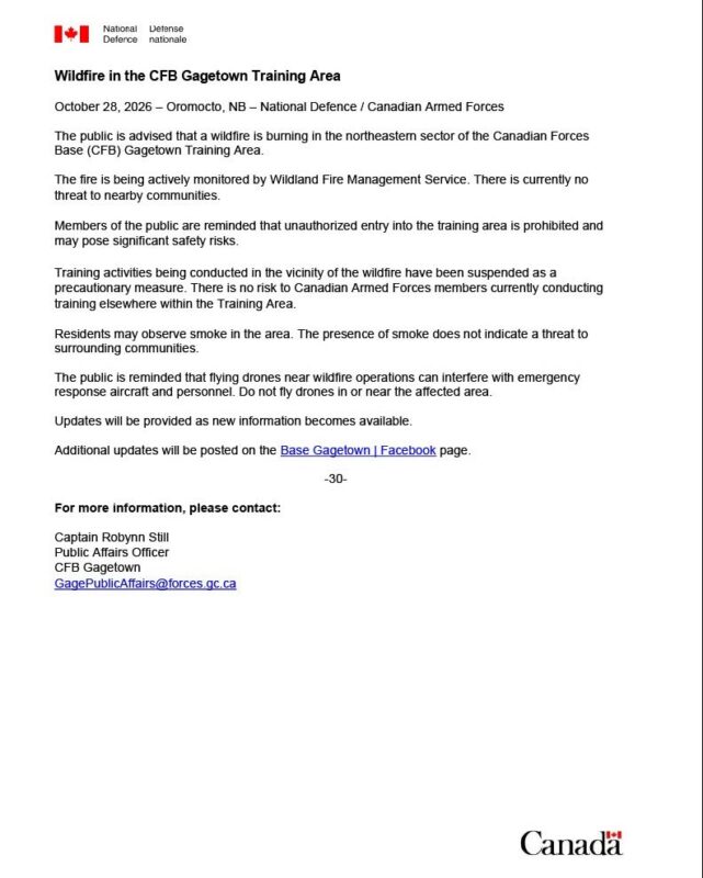 CFB Gagetown Training Area Wildfire: October 28, 2026